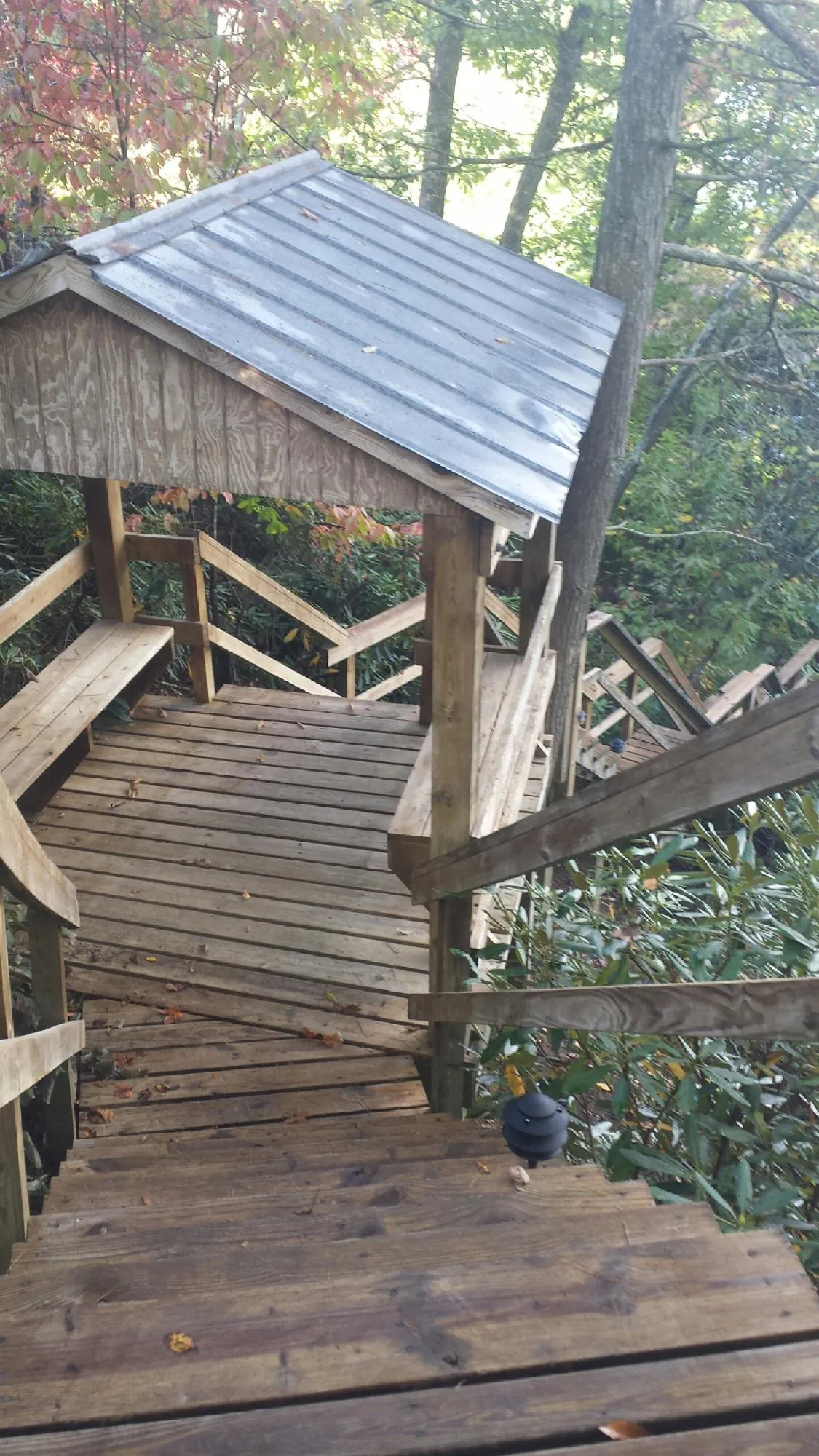 Metal roofed shelter over wooden steps on a wooded walkway — Skylight Repair & Installation work by our crew in Manitou Beach